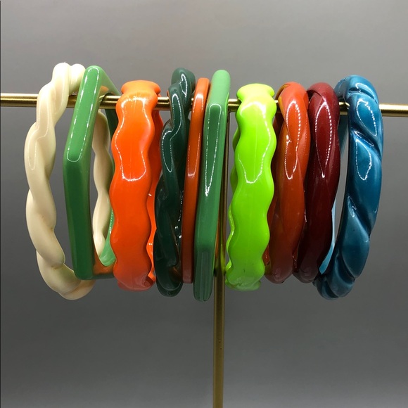 vintage Jewelry - Bundle 10 vintage acrylic skinny slim bangle bracelets stack layer geometric +